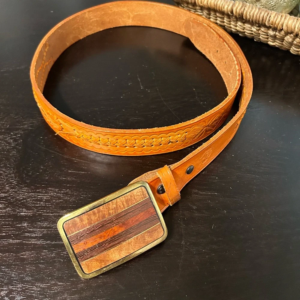 Trinity Solid Brass with Wood inlay detail Buckle with whip stitch leather belt